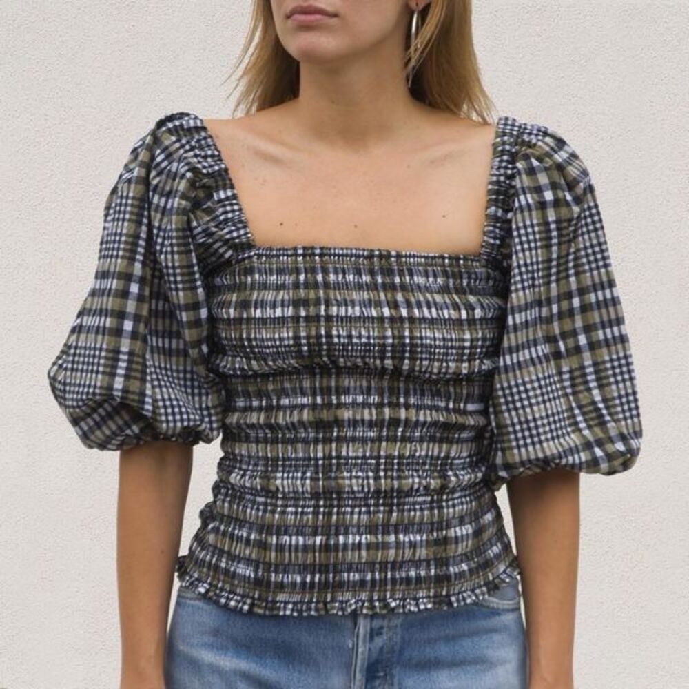 GANNI Seersucker Puff Sleeve Smock Top in Kalamata Check Size 40 US 8/10